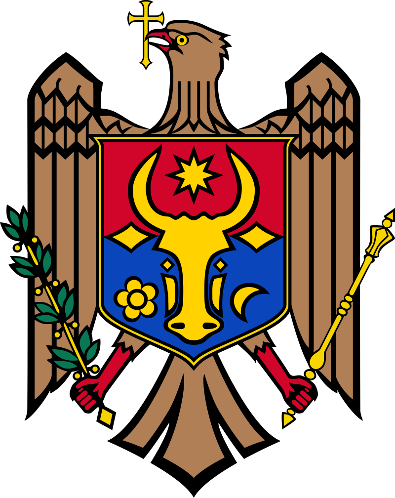 Coat of arms of Moldova featuring an eagle holding a cross and an olive branch, with a shield depicting an aurochs head, a star, a rose, and a crescent.