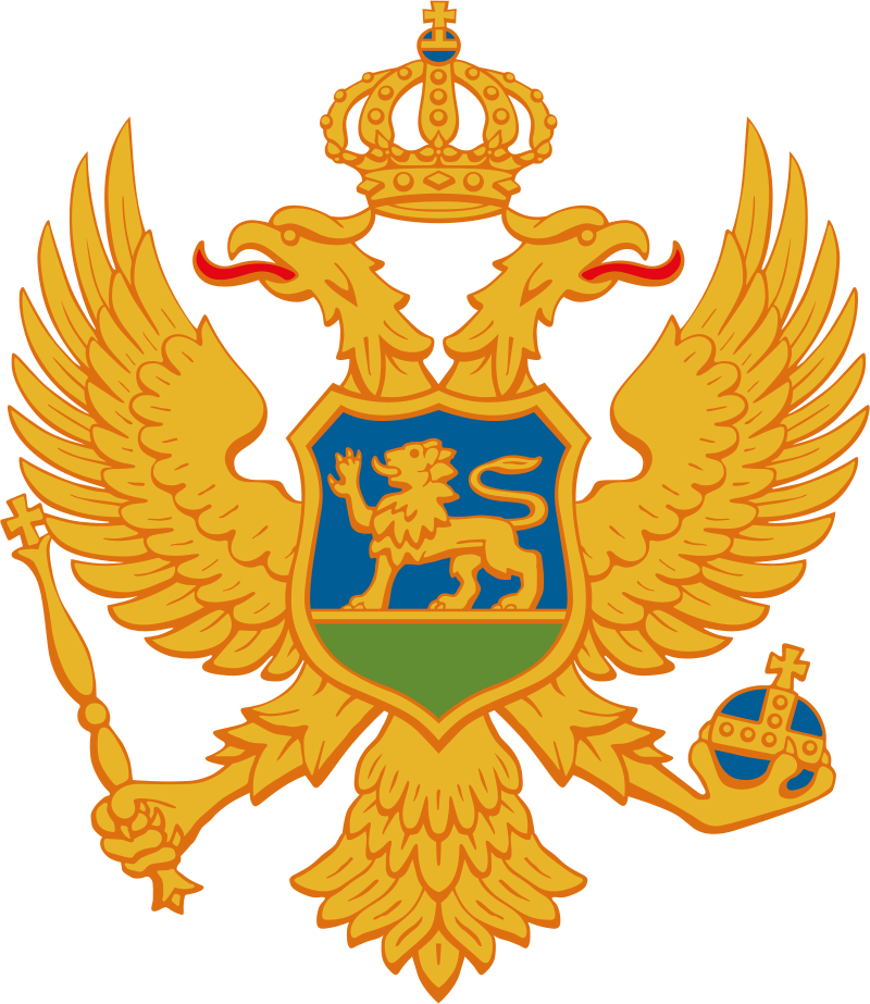 Coat of arms of Montenegro featuring a double-headed eagle with a lion on a blue shield, a crown on top, and scepter and orb on the sides.