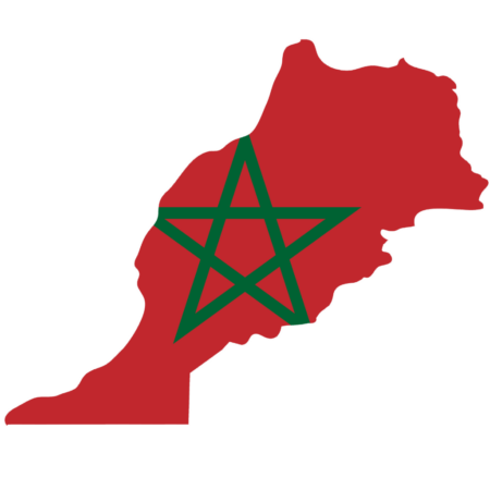 Map of Morocco in red with a green star in the center, representing the Moroccan flag.