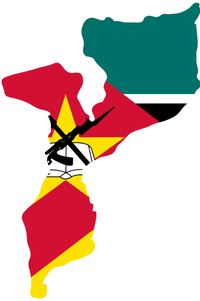 Map of Mozambique overlaid with the design of its national flag.