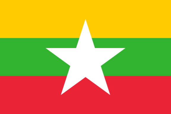 Flag of Myanmar with horizontal stripes of yellow, green, and red, and a large white star in the center.