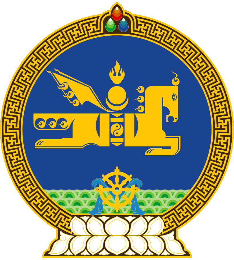 National emblem of Mongolia featuring a combination of traditional symbols on a blue background.