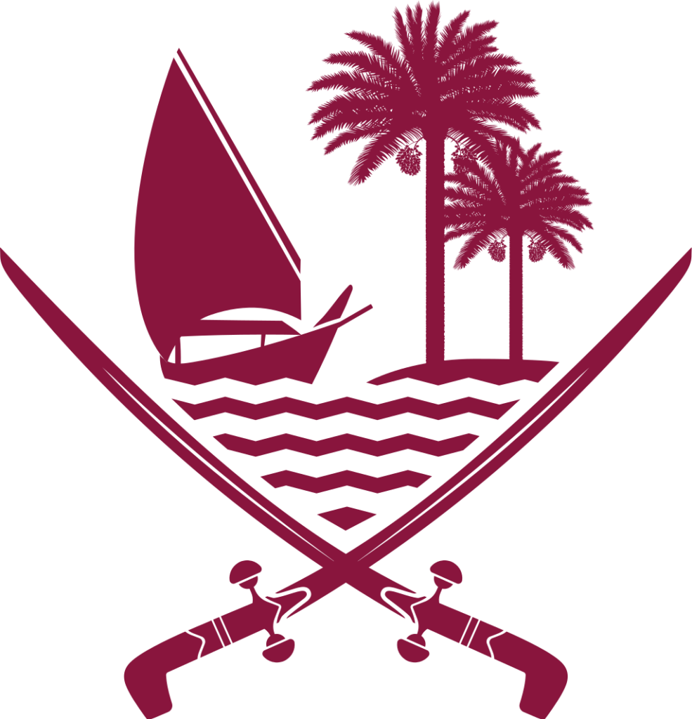 National emblem of Qatar featuring a dhow, palm trees, and crossed swords over waves.