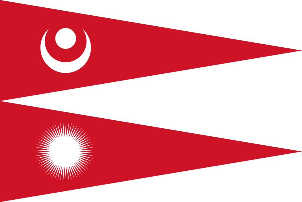 Historical flag of Nepal featuring a crimson background with two stacked triangles, the upper triangle displaying a white moon with eight rays and the lower triangle showing a white sun with twelve rays.