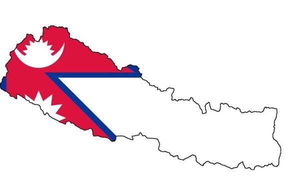 Outline of Nepal's map filled with the Nepalese flag design.