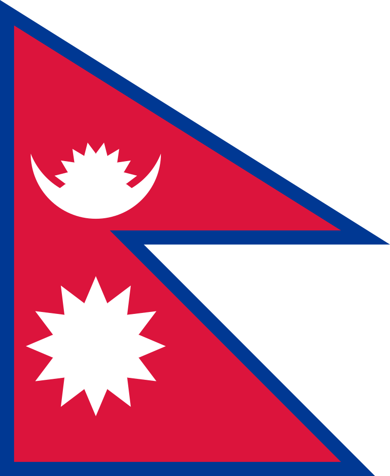 Flag of Nepal with two red triangular sections, a white moon on the upper section, and a white sun on the lower section, all on a blue border.