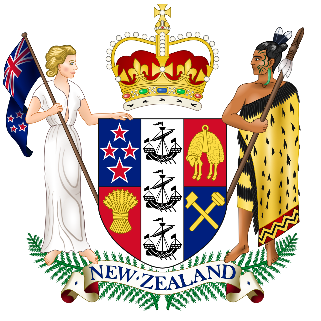 Coat of arms of New Zealand featuring a shield with symbols, a European woman and a Māori warrior on either side, topped with a crown and the words "New Zealand" below.