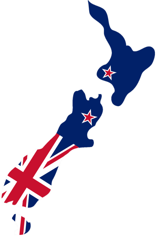 Map of New Zealand with the country's flag design overlaying the North and South islands.