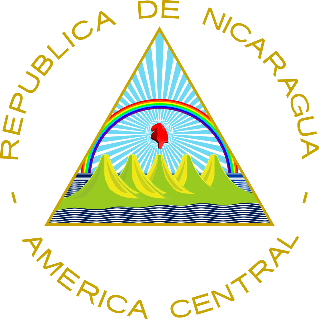 Coat of arms of Nicaragua featuring a triangle with a rainbow, five volcanoes, a cap of liberty, and the words "República de Nicaragua, América Central".