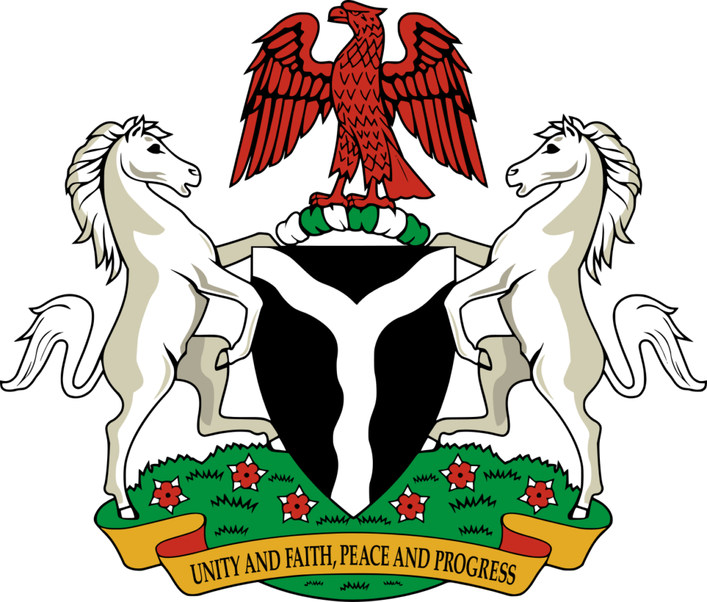 Coat of arms of Nigeria featuring two white horses, a red eagle, a green wreath with flowers, and a banner with the words "Unity and Faith, Peace and Progress".