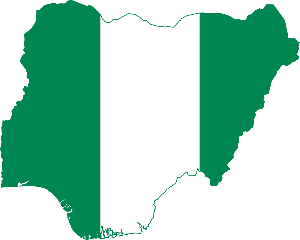 Map of Nigeria shaped with the design of the Nigerian flag, featuring vertical green and white stripes.