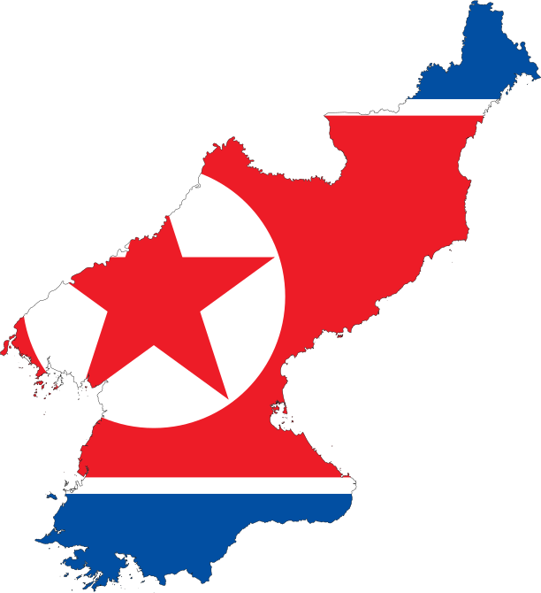 Map of North Korea with the country's flag overlaying the territory.