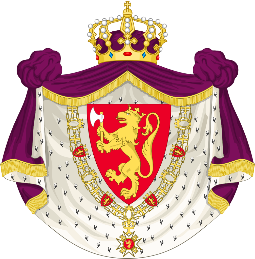 Coat of arms of Norway featuring a golden lion on a red shield, holding an axe, with a royal crown on top and surrounded by a purple and gold mantle.