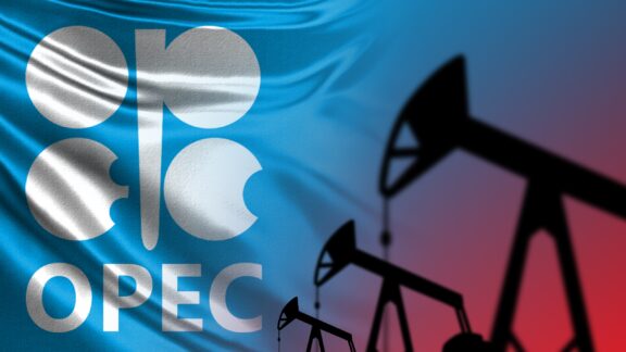 The OPEC logo appears on a blue background next to silouhettes of oil rigs. 