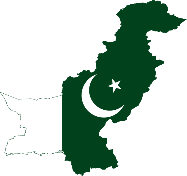 Map of Pakistan in the colors of its national flag, green with a white crescent moon and star on the left side.