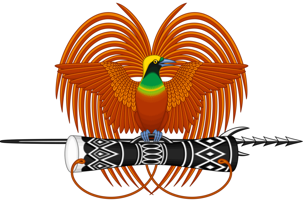 Emblem of Papua New Guinea featuring a bird-of-paradise over a traditional spear and kundu drum.