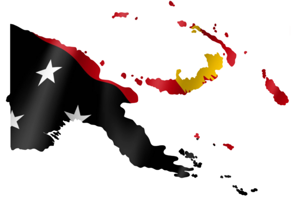 Map of Papua New Guinea with the country's flag superimposed on it.