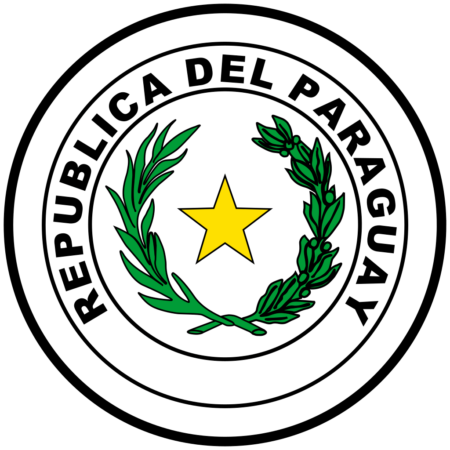 Coat of arms of Paraguay featuring a central yellow star surrounded by a green wreath with the inscription "REPUBLICA DEL PARAGUAY" on a white background.