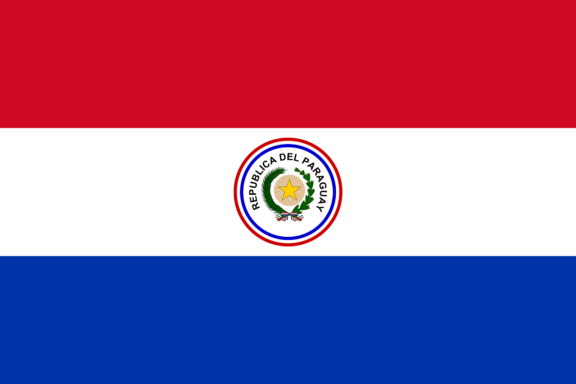 Flag of Paraguay with horizontal stripes in red, white, and blue, featuring the national coat of arms in the center.