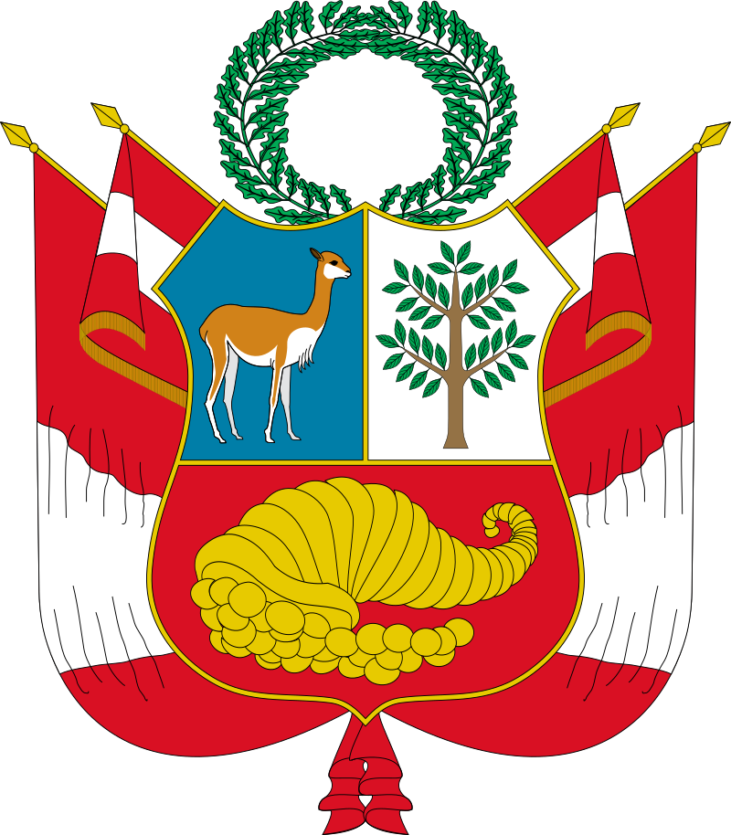 Coat of arms of Peru featuring a shield with a vicuña, a cinchona tree, and a cornucopia spilling out coins, flanked by a national flag on each side and a laurel wreath above.