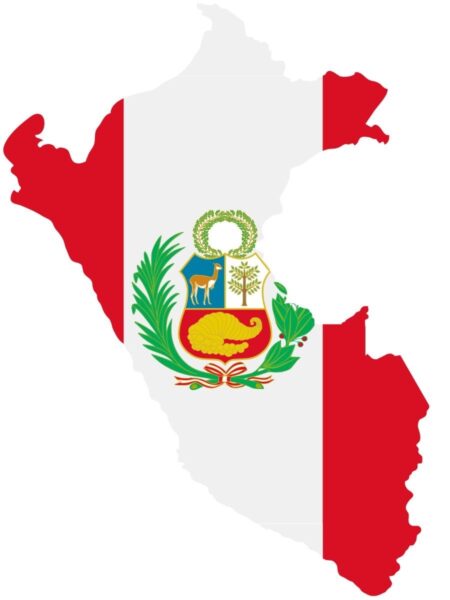 Map of Peru with the Peruvian flag superimposed on it.