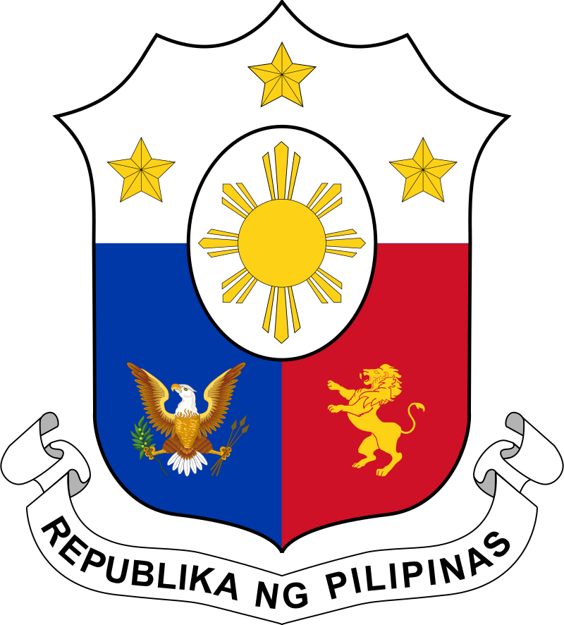 Coat of arms of the Philippines featuring a shield with a sun and three stars at the top, and an eagle and a lion at the bottom, with a banner reading "Republika ng Pilipinas" below.