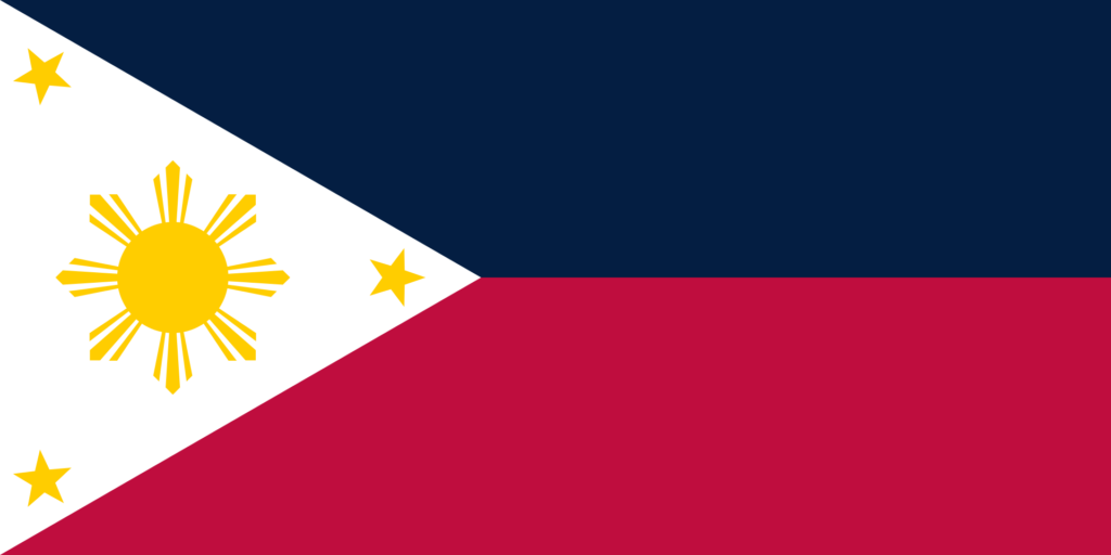 Flag of the Philippines with a blue field, red field, white equilateral triangle, and three yellow stars with a sun in the center.