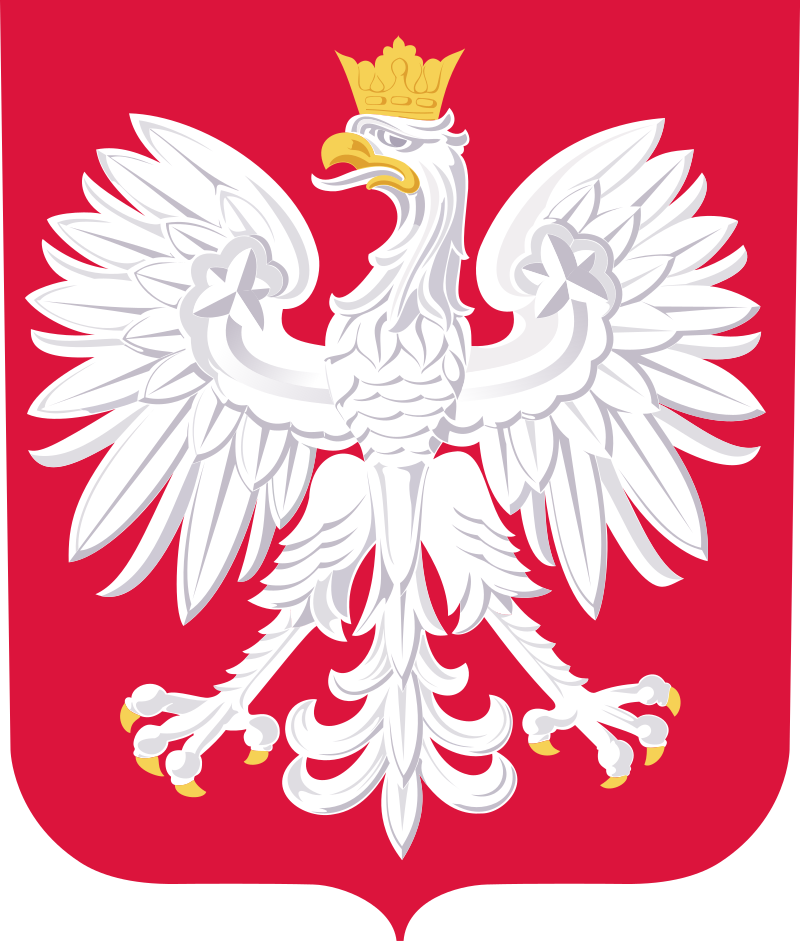 Poland's coat of arms featuring a white eagle with a golden crown on a red background.