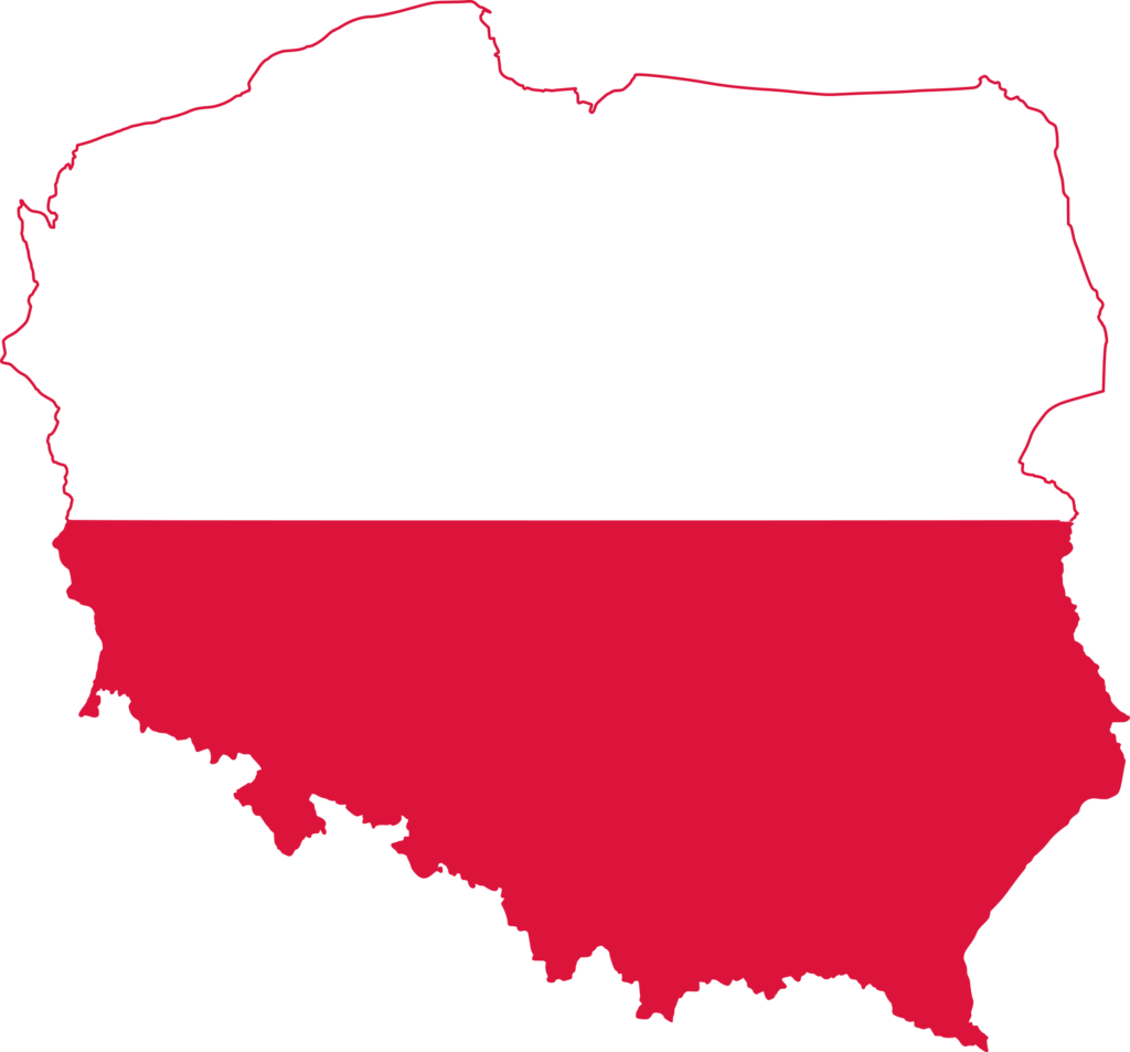 Outline of Poland's map filled with the Polish flag, white on top and red on the bottom.