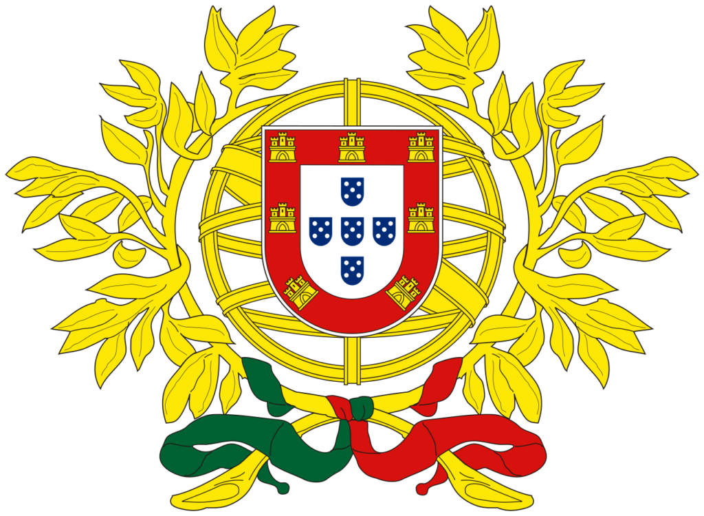 Coat of arms of Portugal surrounded by a golden laurel wreath tied with a red and green ribbon.