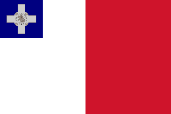 Flag of Malta with a white field on the left and a red field on the right, featuring a representation of the George Cross in the upper hoist corner of the white field.