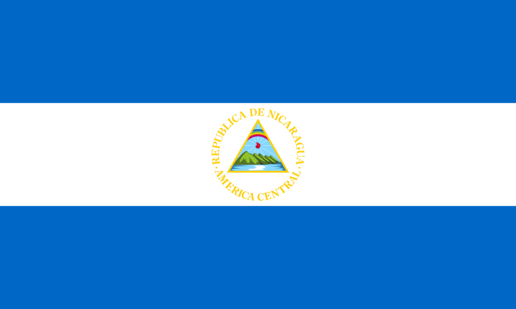 A flag with three horizontal stripes, blue on the top and bottom and white in the middle, featuring the coat of arms of Nicaragua in the center.