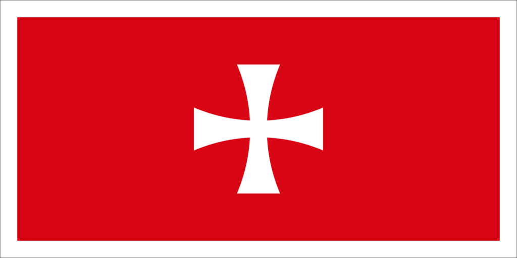 Red flag with a white border and a centered white cross pattée.