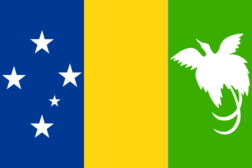 Proposed flag of Papua New Guinea featuring a vertical tricolor of blue, yellow, and green with the Southern Cross constellation on the blue field and a white bird of paradise on the green field.