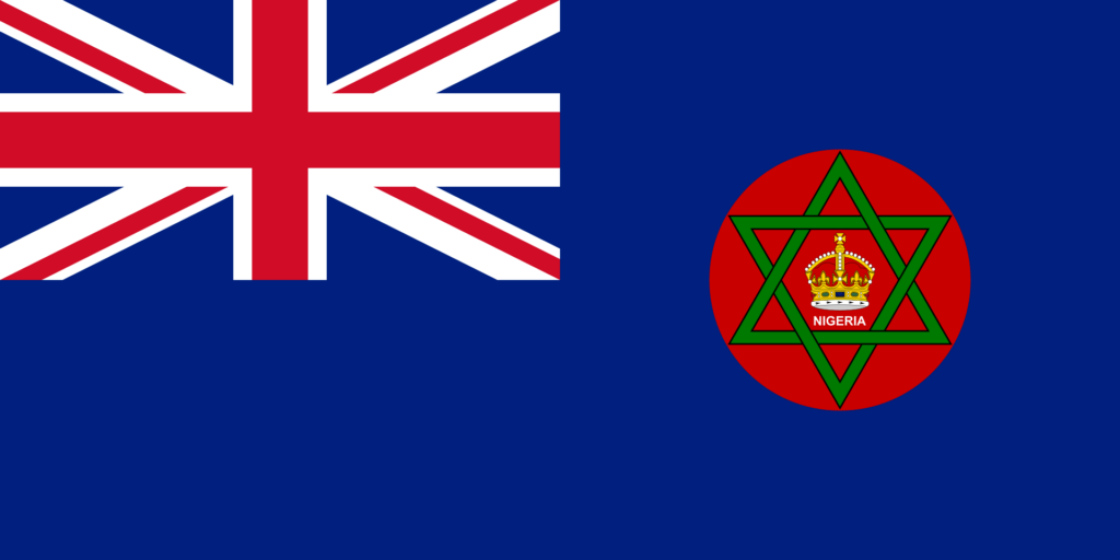 Flag of the British Protectorate of Nigeria featuring the Union Jack in the top left corner and a red star with a green pentagon enclosing a crown in the right half on a blue field.