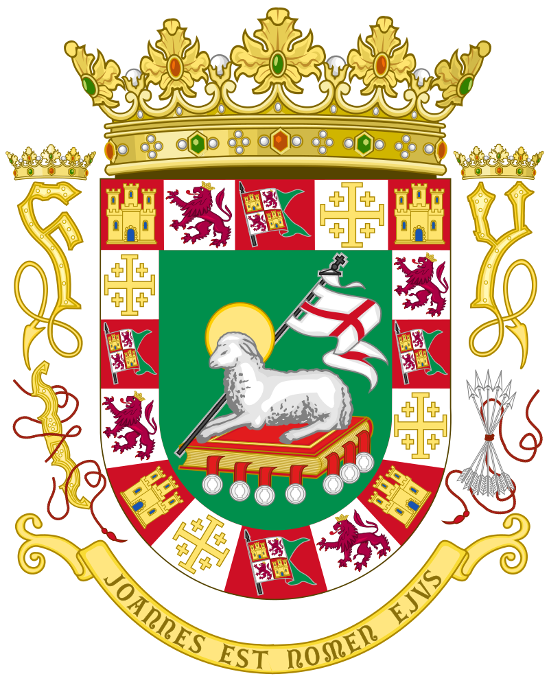 Coat of arms of Puerto Rico featuring a shield with a lamb, a book, and a red cross, surrounded by a decorative golden crown and a banner with text.