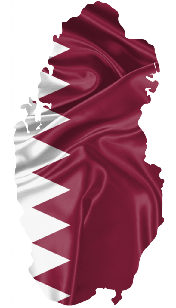 A graphic representation of Qatar's map with the national flag colors, maroon and white, superimposed on it.