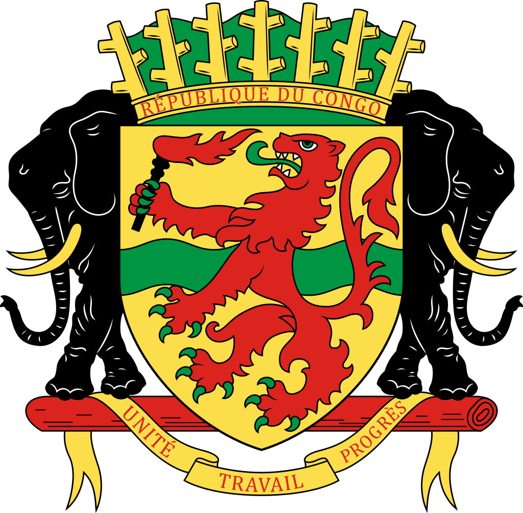 Coat of arms of the Republic of the Congo featuring a red lion, a golden shield with a green and yellow diagonal stripe, and a banner with the words "Unité, Travail, Progrès".