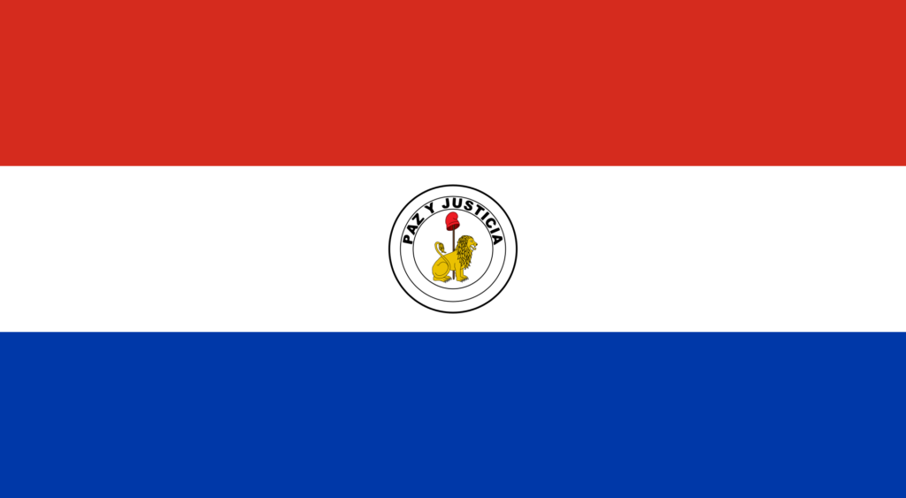 A reversed flag of Paraguay with horizontal stripes in red, white, and blue, and the national coat of arms in the center.