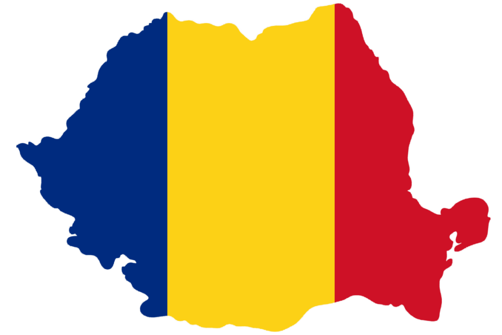 Map of Romania colored with the Romanian flag, blue, yellow, and red vertical stripes.