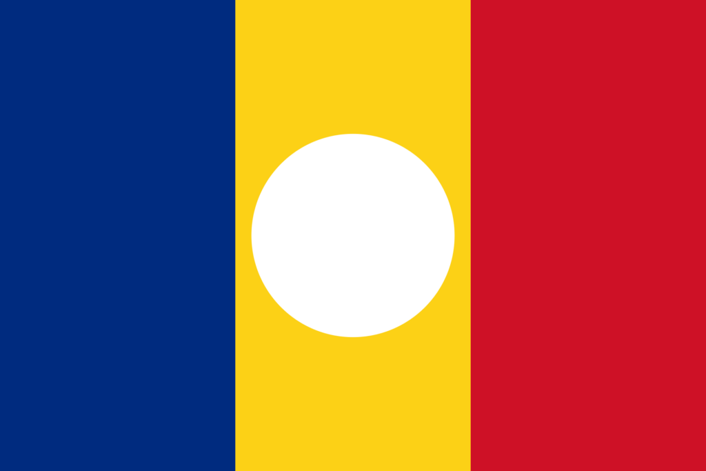 Romanian revolutionary flag with a hole in the center against a white background.