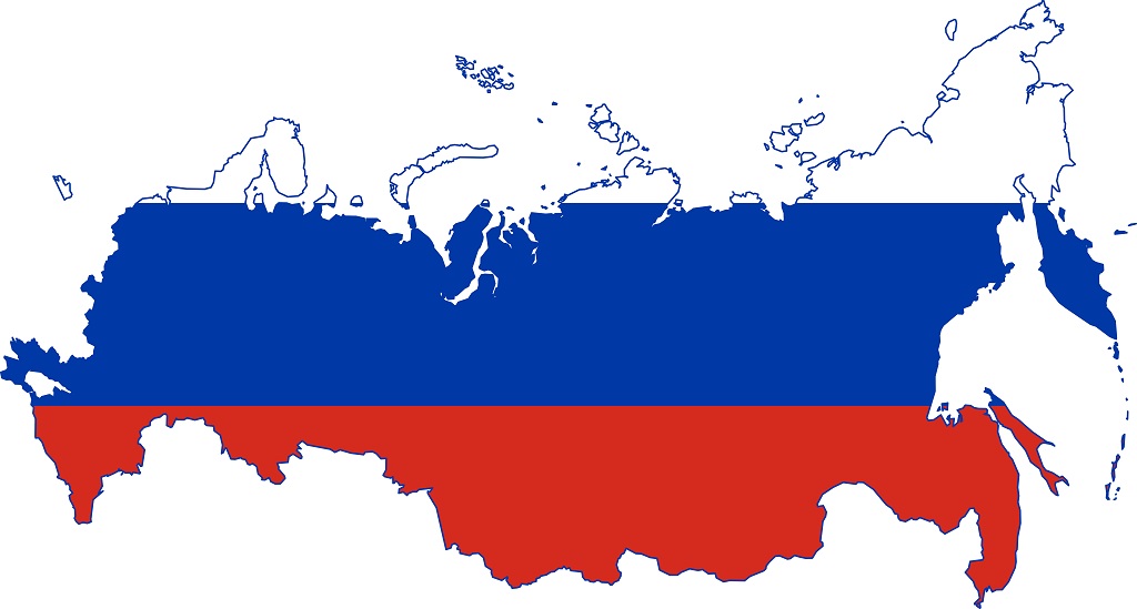 Map of Russia with the design of the national flag overlaying the country's geographical shape.