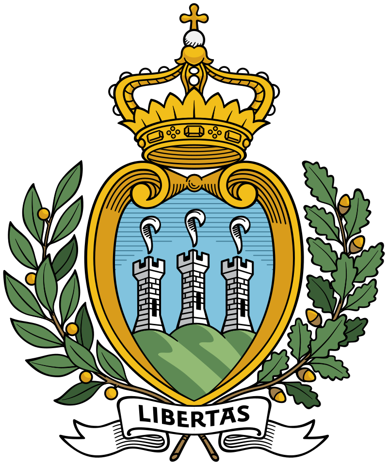 Coat of arms of San Marino featuring three towers on a blue background, surrounded by a laurel wreath with a scroll inscribed "Libertas" below.