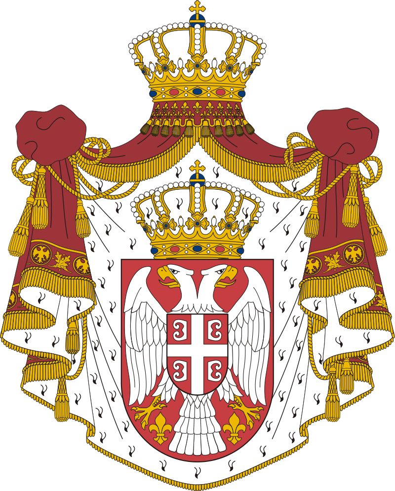 Serbian coat of arms featuring a double-headed eagle and a central shield with a cross, topped with a crown and surrounded by ornamental mantling.