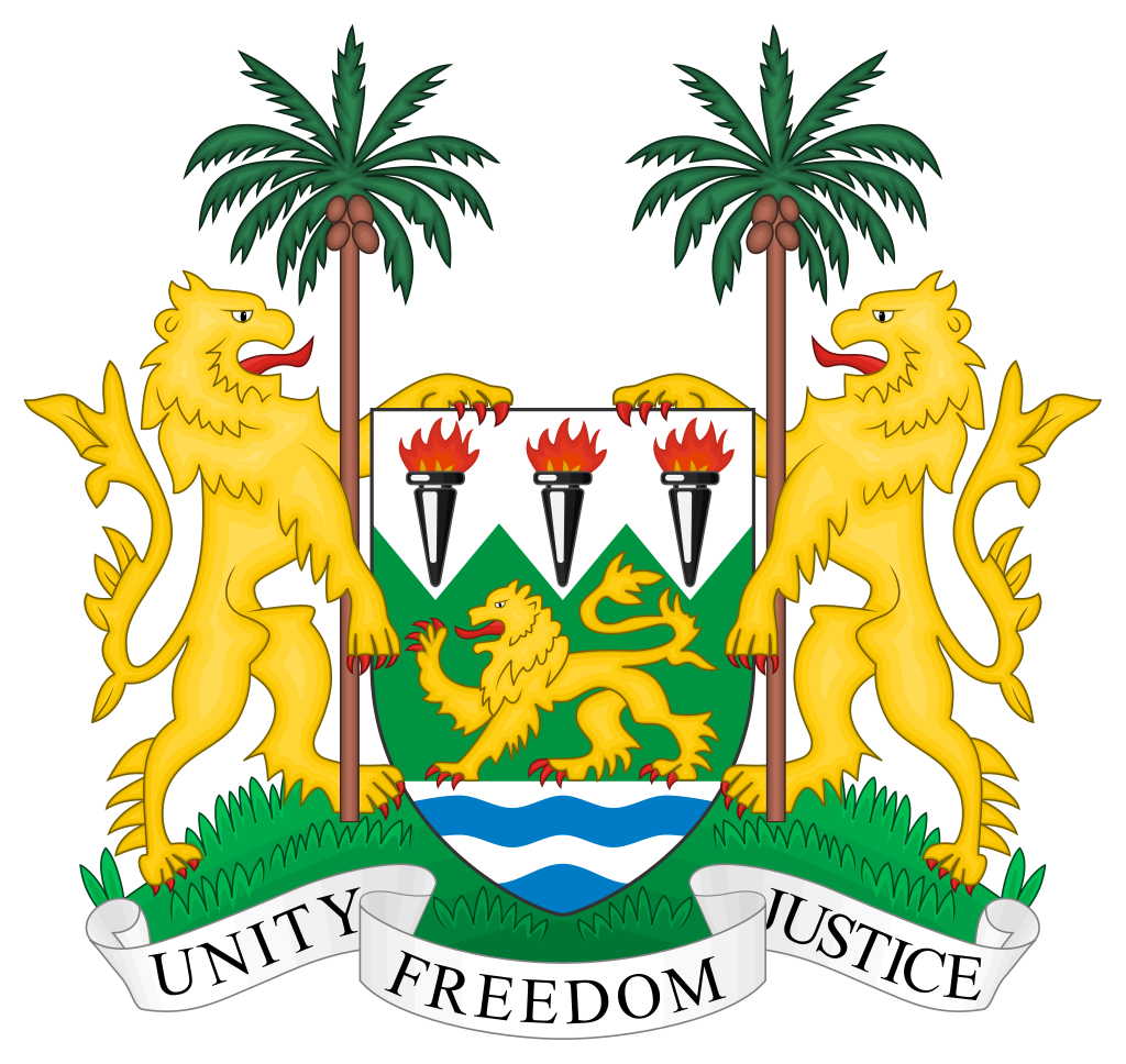 Coat of arms of Sierra Leone featuring a shield with a lion and three torches, flanked by two lions, with palm trees and a banner reading "Unity, Freedom, Justice."