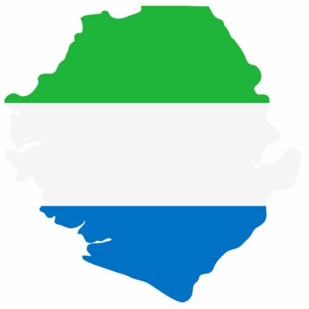 Map of Sierra Leone filled with the design of its national flag, featuring horizontal stripes of green, white, and blue.