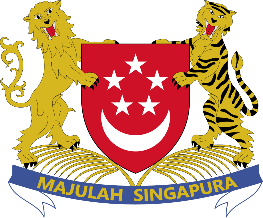 Coat of arms of Singapore featuring a red shield with a white crescent and five stars, flanked by a lion and a tiger, with a banner below reading "Majulah Singapura".