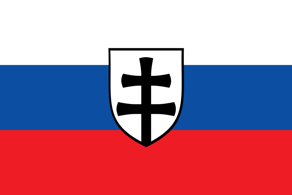 Flag of the Slovak Republic during World War II, featuring horizontal stripes of white, blue, and red with a central coat of arms displaying a white double cross on a black middle stripe.