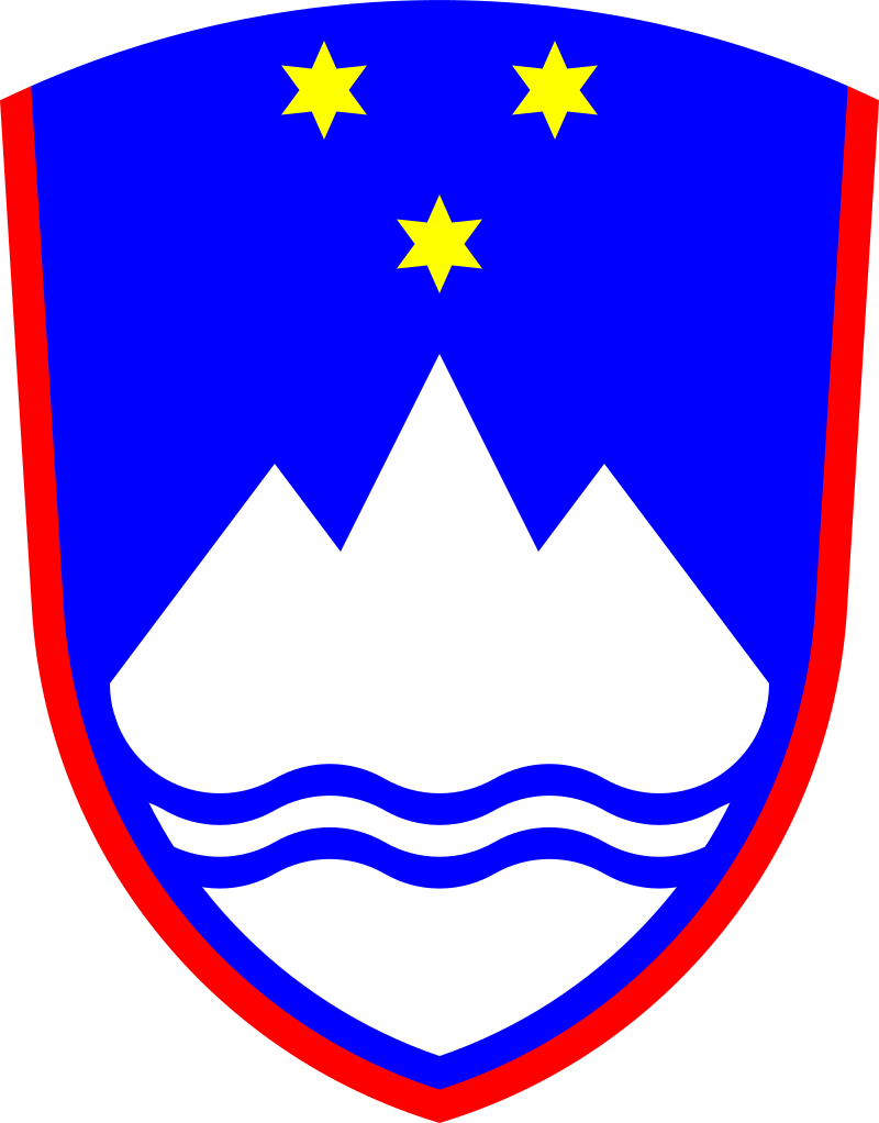 Slovenian coat of arms featuring a blue shield with a white silhouette of Mount Triglav, wavy blue lines beneath, and three gold stars above.