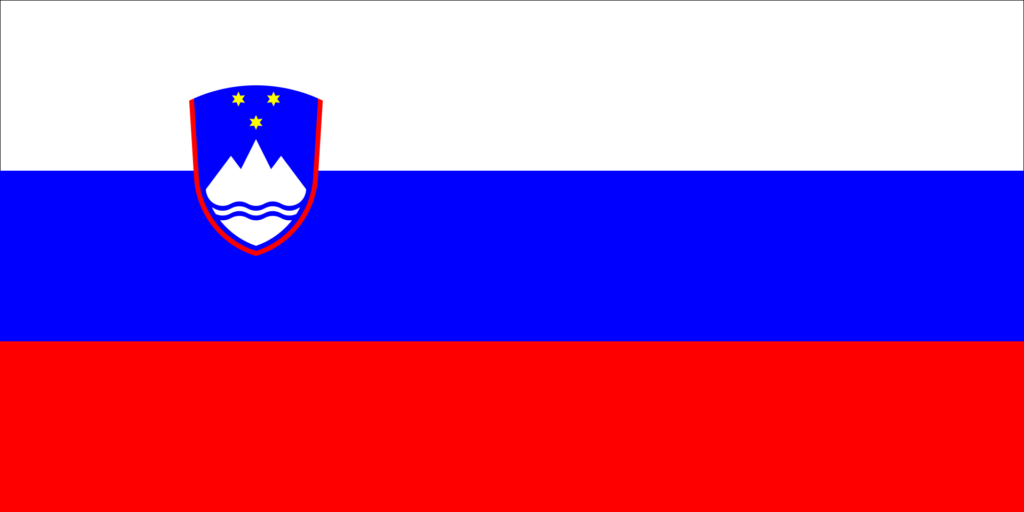 Flag of Slovenia with horizontal white, blue, and red stripes and the Slovenian coat of arms in the upper left corner.